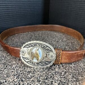 Silver Creek Classic Western Leather Belt Horse Buckle Men's Size 38 Brown